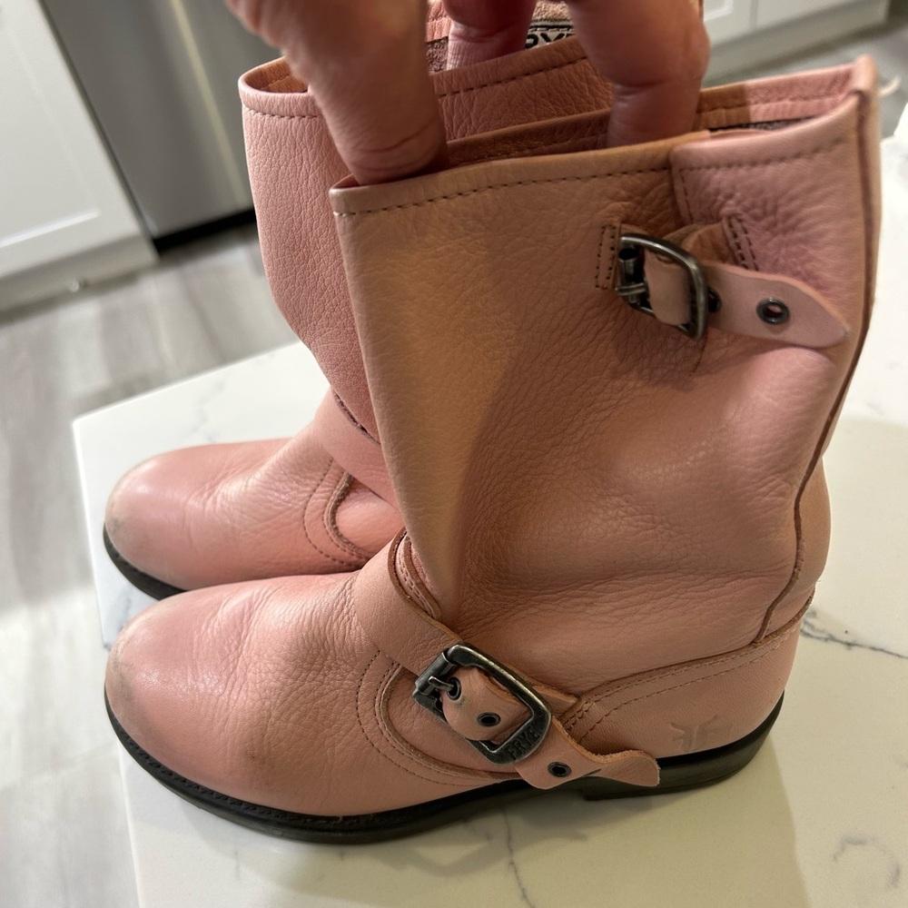 Pink Leather Buckle Boots